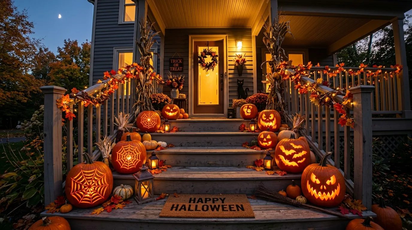 Creative pumpkin carving ideas arranged for a stunning Halloween porch display.